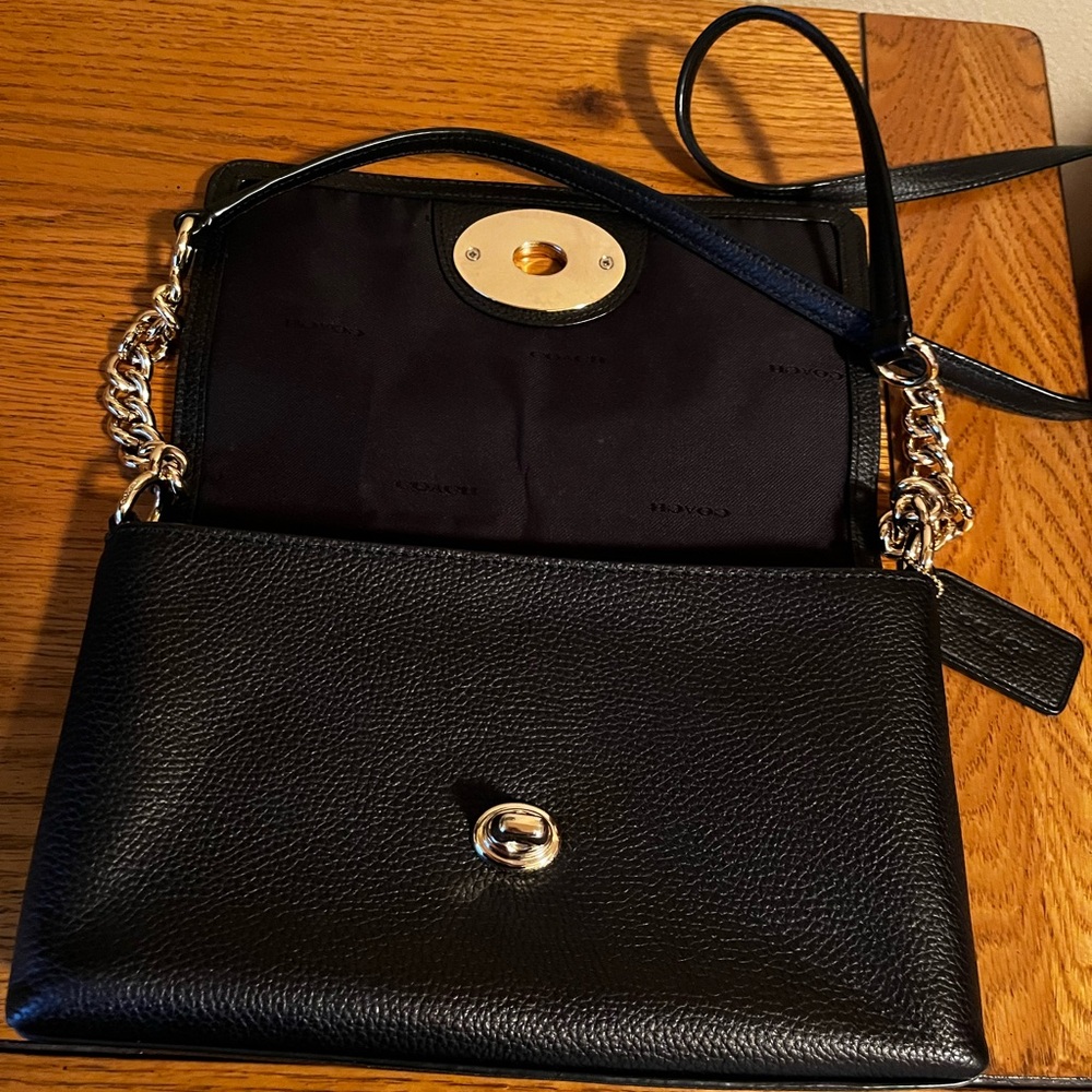 Coach Black Leather Shoulder Bag with Gold Chain